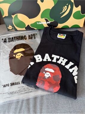 A Bathing Ape Black Logo Tee with Red Camo Ape Graphic